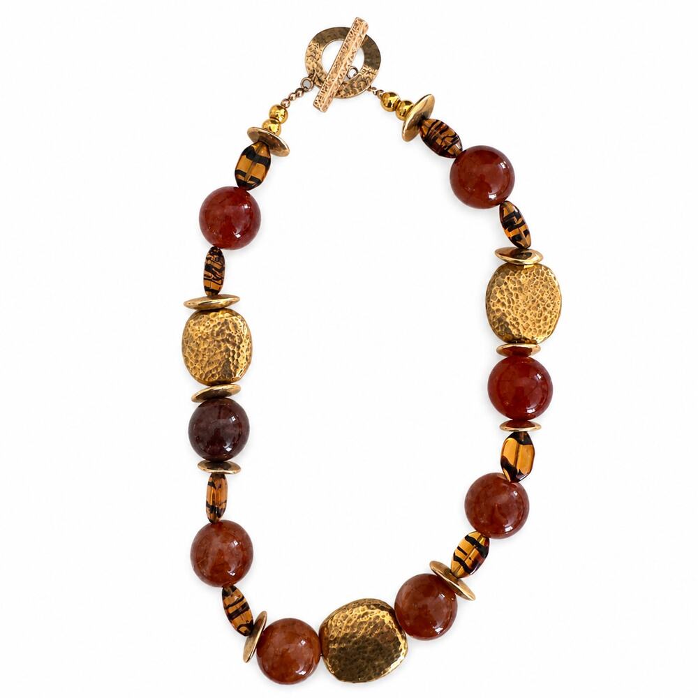 Vintage Brown Amber and Gold Tone Beaded Necklace 925 Toggle Clasp